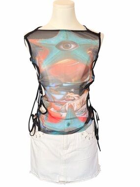 Surrealist Starfish Eye Mesh Side Tie Camisole Top Multi Color Size M Boho